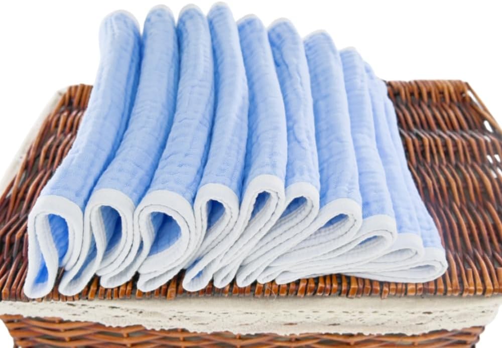 Synrroe Burp Cloths Large, Muslin Burp Cloths for Baby Girls and Boys, Pack of 10 Extra Absorbent and Soft Muslin, 6 Layers 20 by 10 Inches 100% Cotton (Blue 10 Pack)