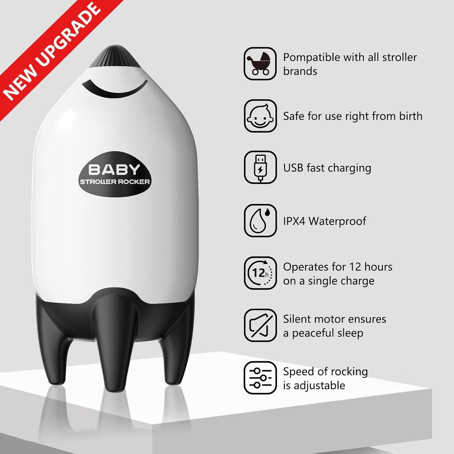 QNHMPW Baby Rocker, Portable Baby Bouncer Gently Rocks Any Stroller or Pram, Baby Vibrating Soother Adjustable Speed and USB Rechargeable, Baby Sleep Aid Newborn Essentials Must Haves Gifts