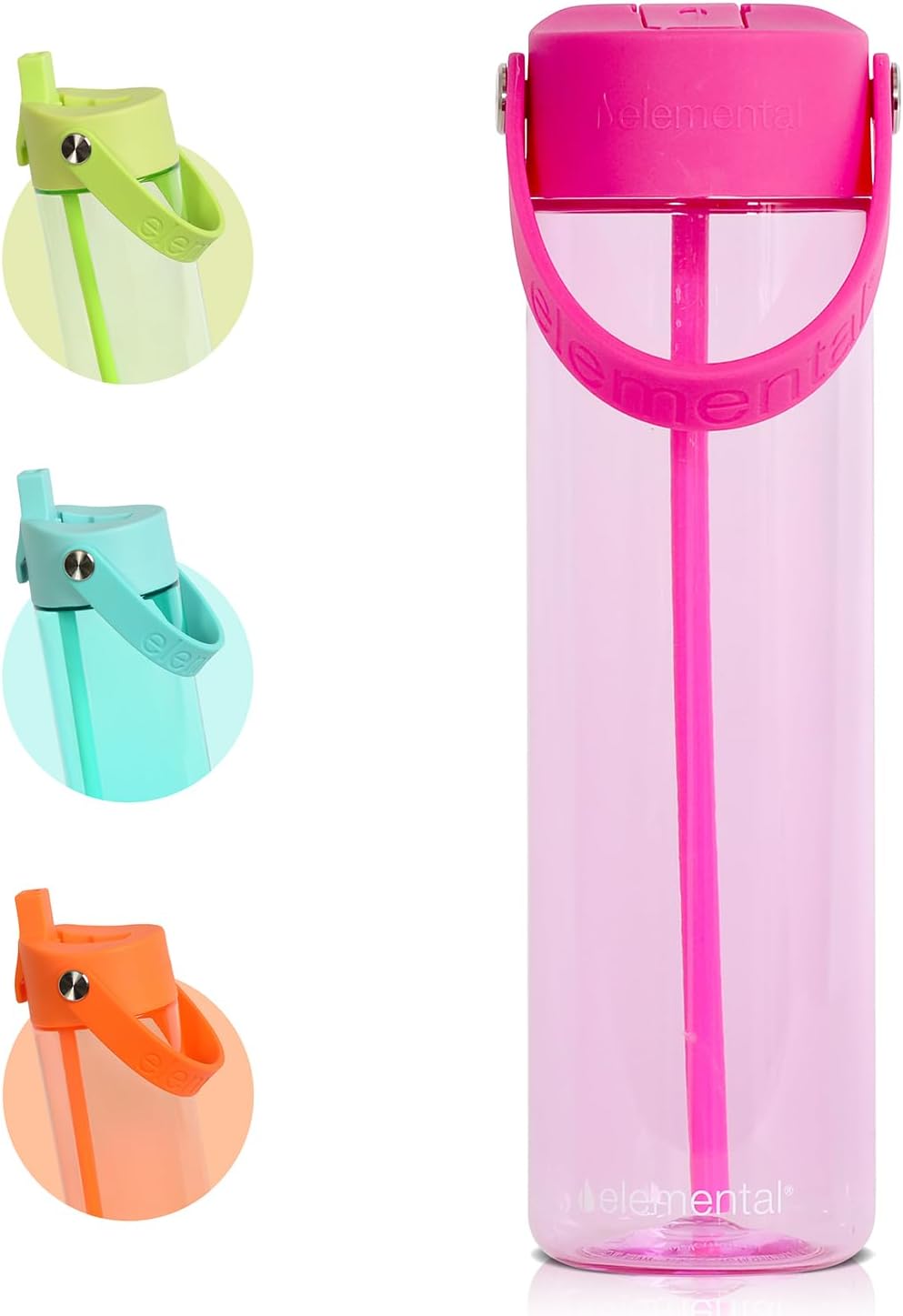 Elemental Splash Water Bottle with Straw - BPA-Free Tritan Plastic Reusable Water Bottle with Strap - Ideal for Travel, Gym and Sports - Leak Proof when Spout is Closed - 26oz - Hot Pink