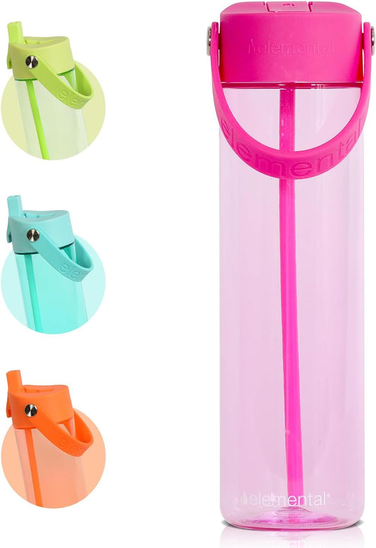 Elemental Splash Water Bottle with Straw - BPA-Free Tritan Plastic Reusable Water Bottle with Strap - Ideal for Travel, Gym and Sports - Leak Proof when Spout is Closed - 26oz - Hot Pink