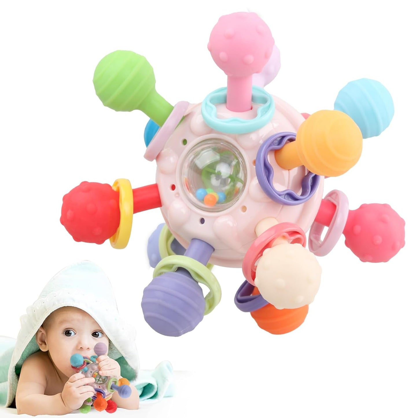 Baby Teething Toys - Infant Sensory Chew Rattles Toys - Newborn Montessori Learning Developmental Toy - Teethers for Babies 0 3 6 9 12 18 Months - Shower Gifts for 1 2 One Two Year Old (Pink)