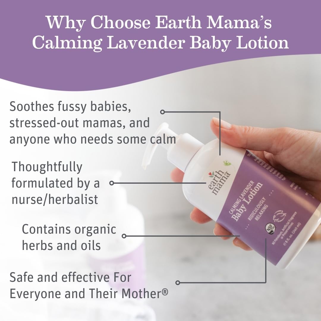 Earth Mama Calming Lavender Baby Lotion for Dry Skin, Calendula Cream for Newborn Skin Care, Organic Moisturizer for Children with Aloe Juice, Rooibos, & Shea Butter, Lavender Lotion, 8 Fl Oz