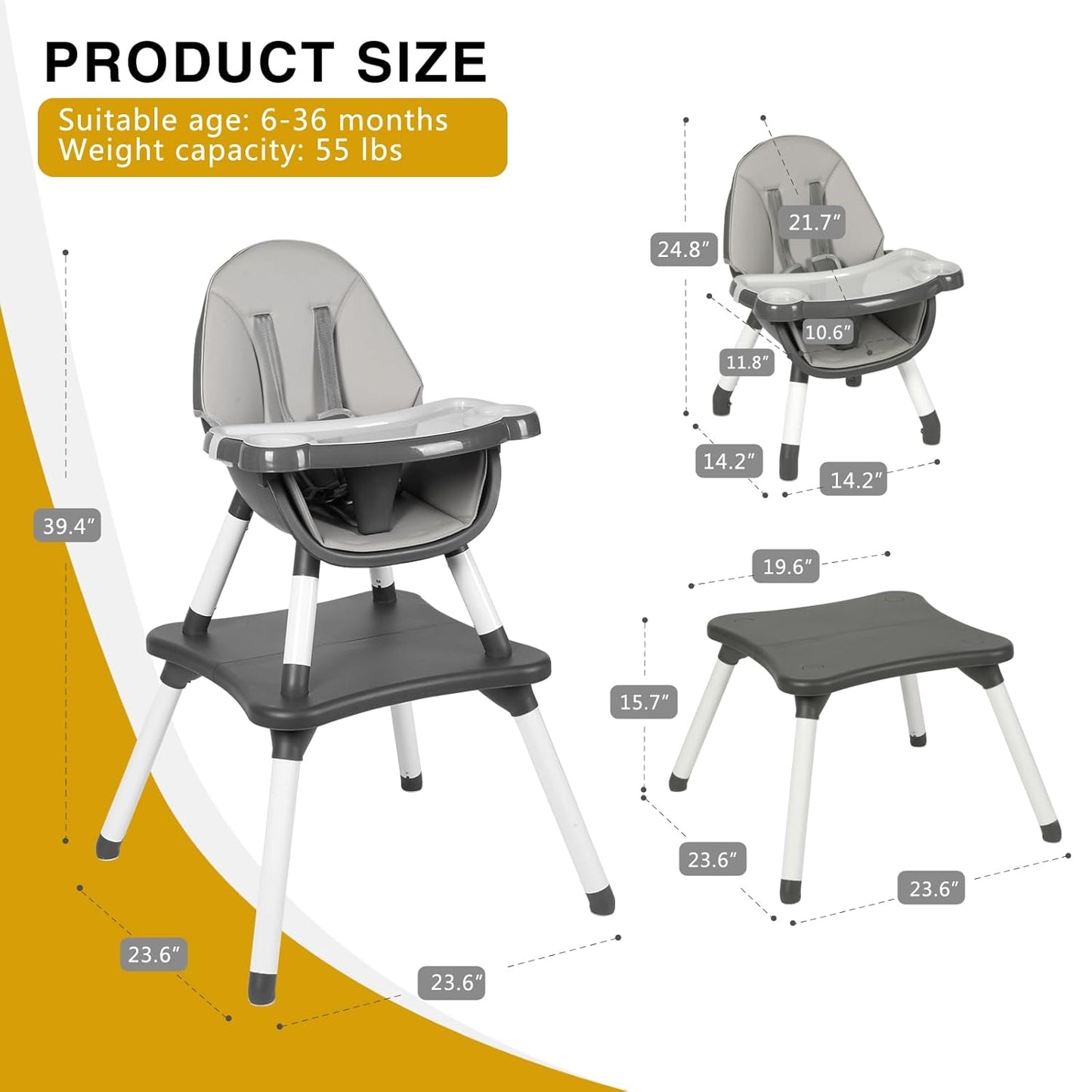 Gofirst 6 in 1 Baby High Chair,Convertible High Chairs for Babies and Toddlers/Booster Seat/Table and Chair Set,Baby Feeding Chair/5-Point Harness,4-Position Removable Tray&PU Cushion Baby Highchair