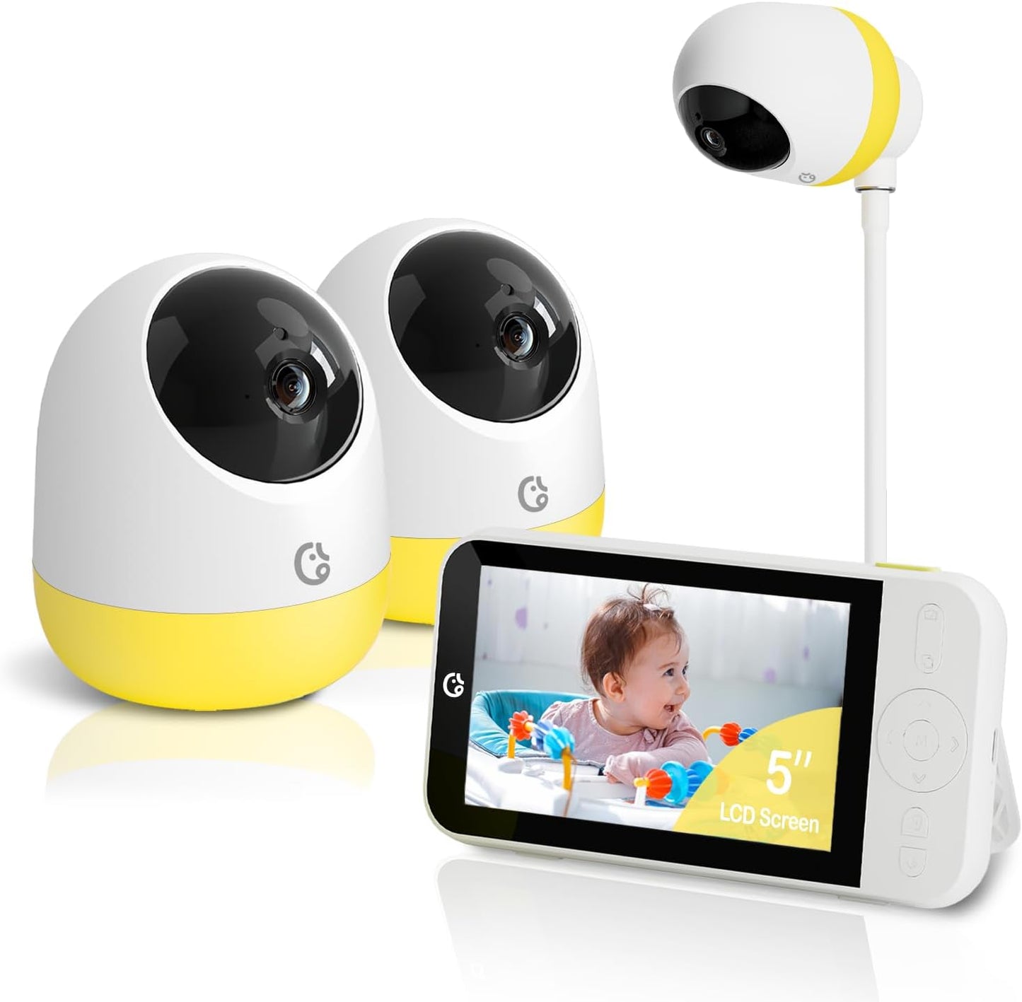 Ellie Pro Baby Monitor with 2 Cameras,5'' IPS 2K UHD Resolution,6000mAh Battery, Remote Pan-Tilt-5X Zoom, 2-Way Talk,No WiFi, Night Vision, Virtual Fence and 1000ft Range