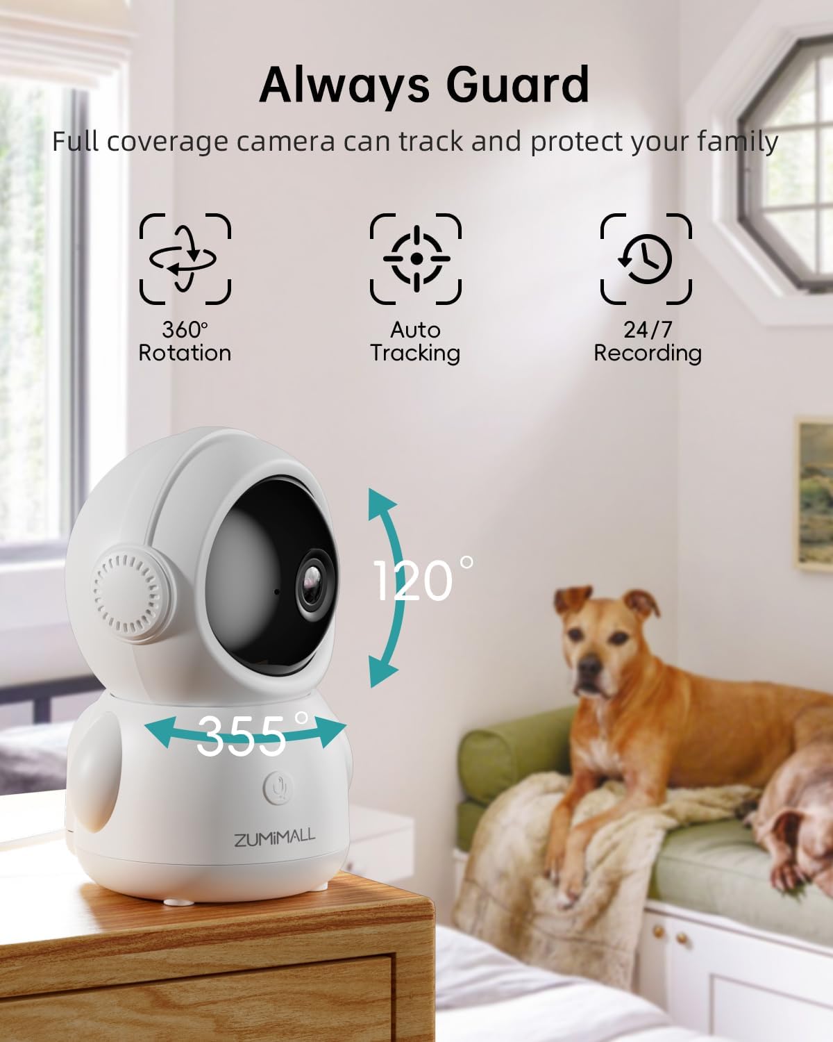 ZUMIMALL Security Camera Indoor, 5G/2.4G WiFi Baby Monitor with Camera and Audio, 2K Wired Pet Cameras for Home Security, One-Click Call, Auto Tracking, Cry/PIR/AI Detection, Alexa/ONVIF/Cloud