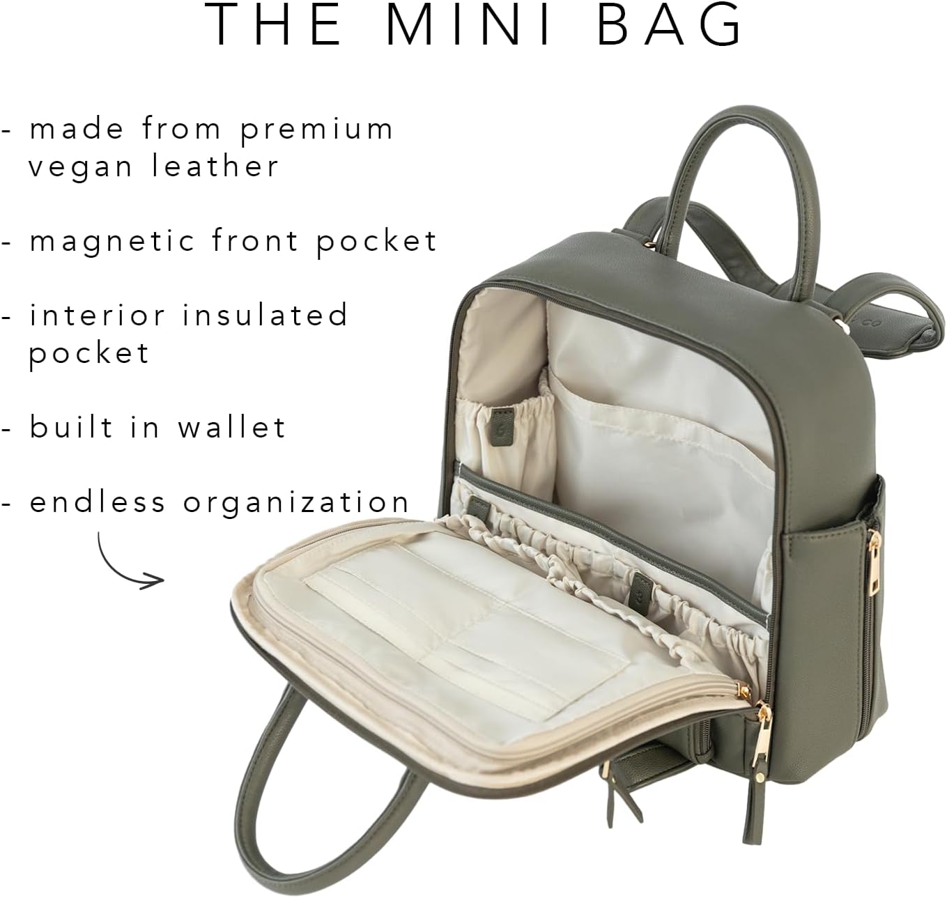 Ayla & Co Mini Bag, Transitional Minimal Diaper Bag, Vegan Leather, with Expandable Pockets, Built-In Wallet, Organizer