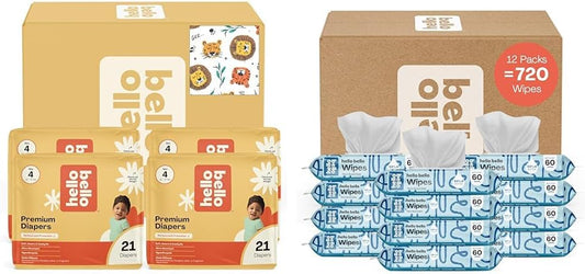 Hello Bello Diapers, Size 4 (22-37 lbs) Wild Cats, 84 Count Value Pack of Premium Disposable Baby Diapers, Hypoallergenic with Soft, Cloth-Like Feel + Extra Gentle Unscented Baby Wipes, 720 Count