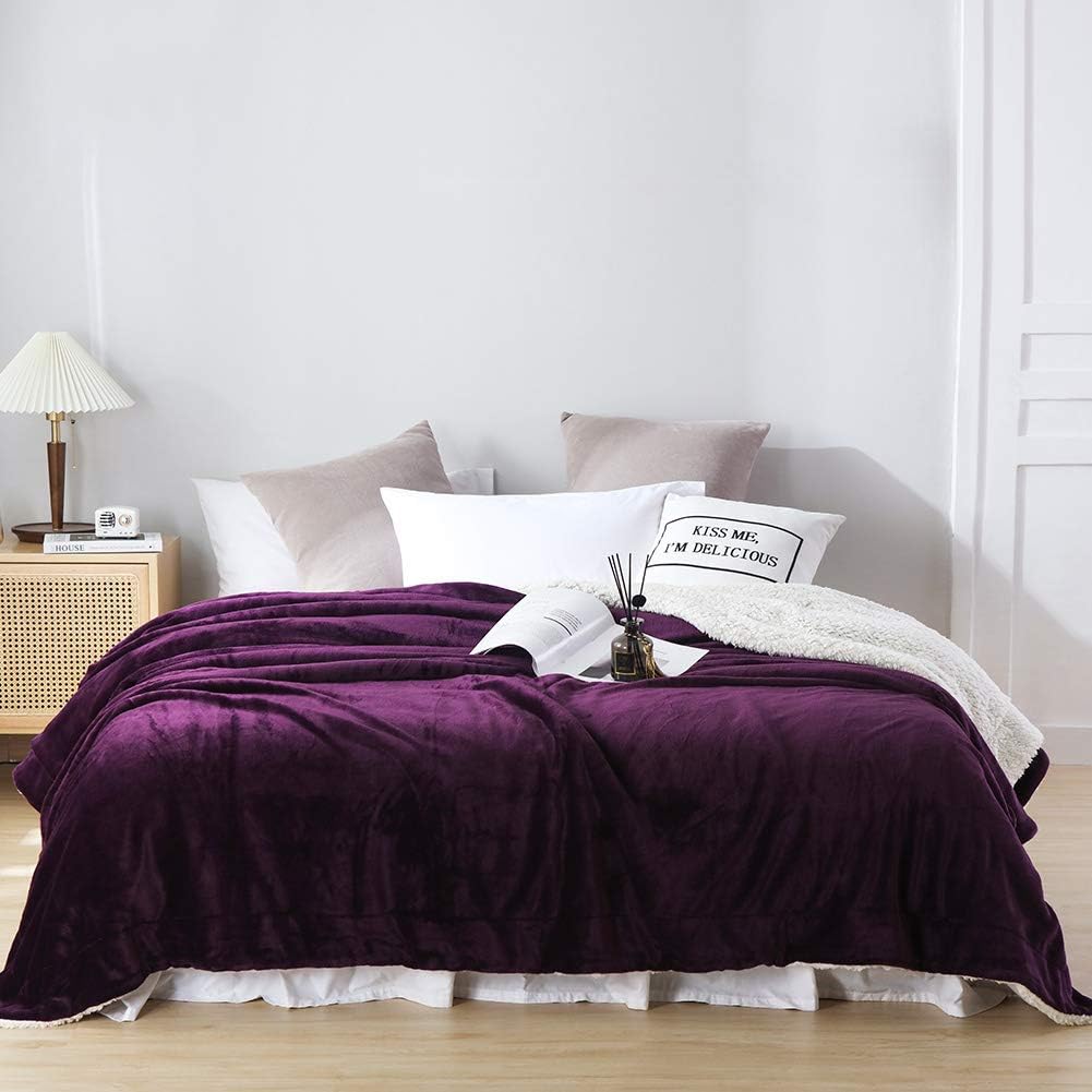 NANPIPER Bed Blanket Reversible Sherpa Flannel Blanket Super Soft Fuzzy Lightweight Fleece Microfiber (90"x90" Purple) Queen