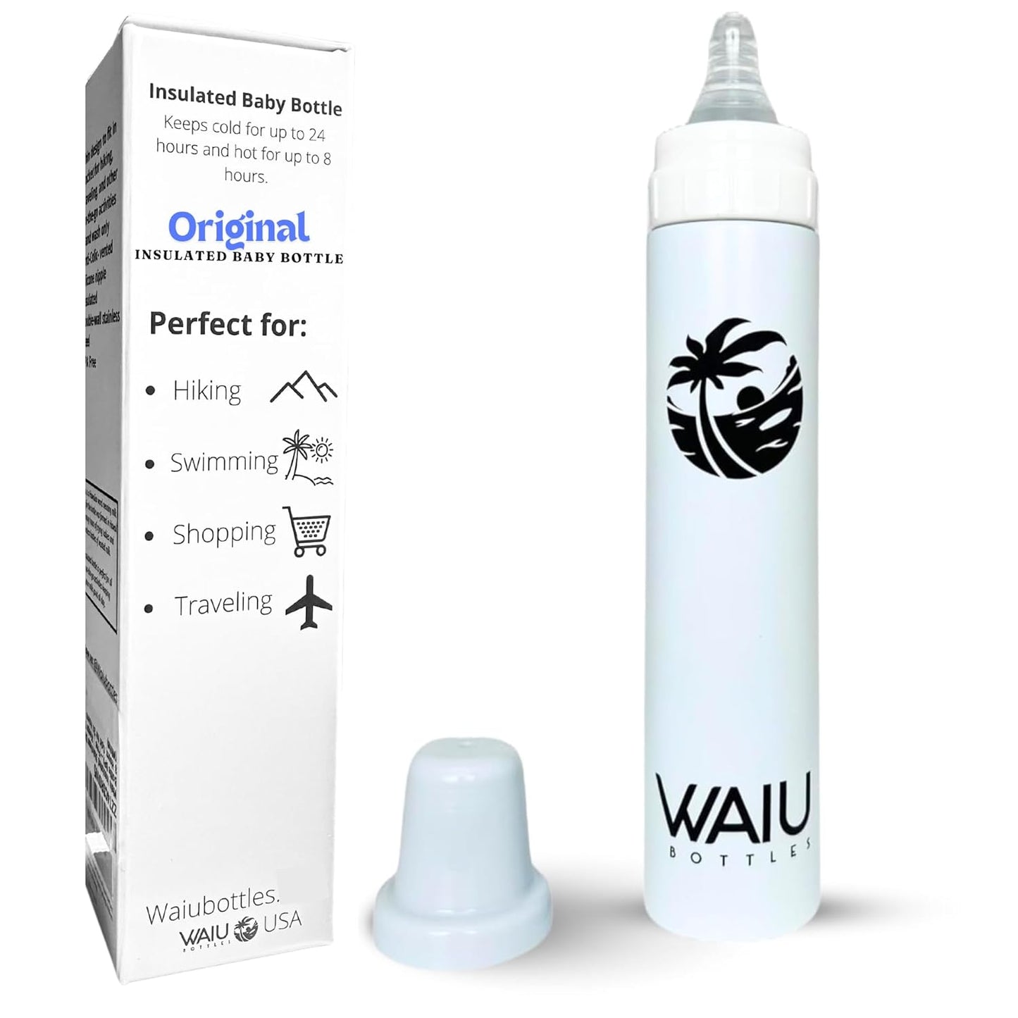 Versatile Waiu Insulated Baby Bottle | 4 oz & 6 oz Sizes | Keeps Drinks Hot for 8 Hours, Cold for 24 Hours | BPA-Free | Multiple Colors Available (White, 6 oz.)