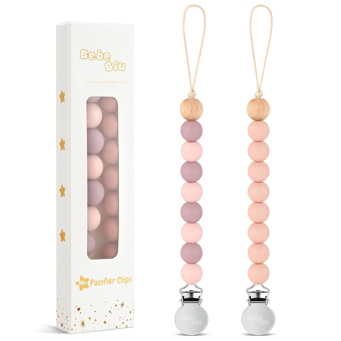 2 Pack Pacifier Clips, Silicone Pacifier Clip for Baby Boys and Girls, Baby Pacifier Strap with Silicone Beads, Soother Dummy Holder, Pacifier Holder, Keeps Pacifier Clean (Mauve/Muted)