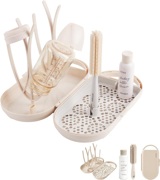 MOTHER-K Travel Baby Bottle Drying Rack Set - Baby Bottle Cleaner Kit with Mini Silicone Bottle Brush, Portable Bottle Drying Rack for Home and Travel (Cream)