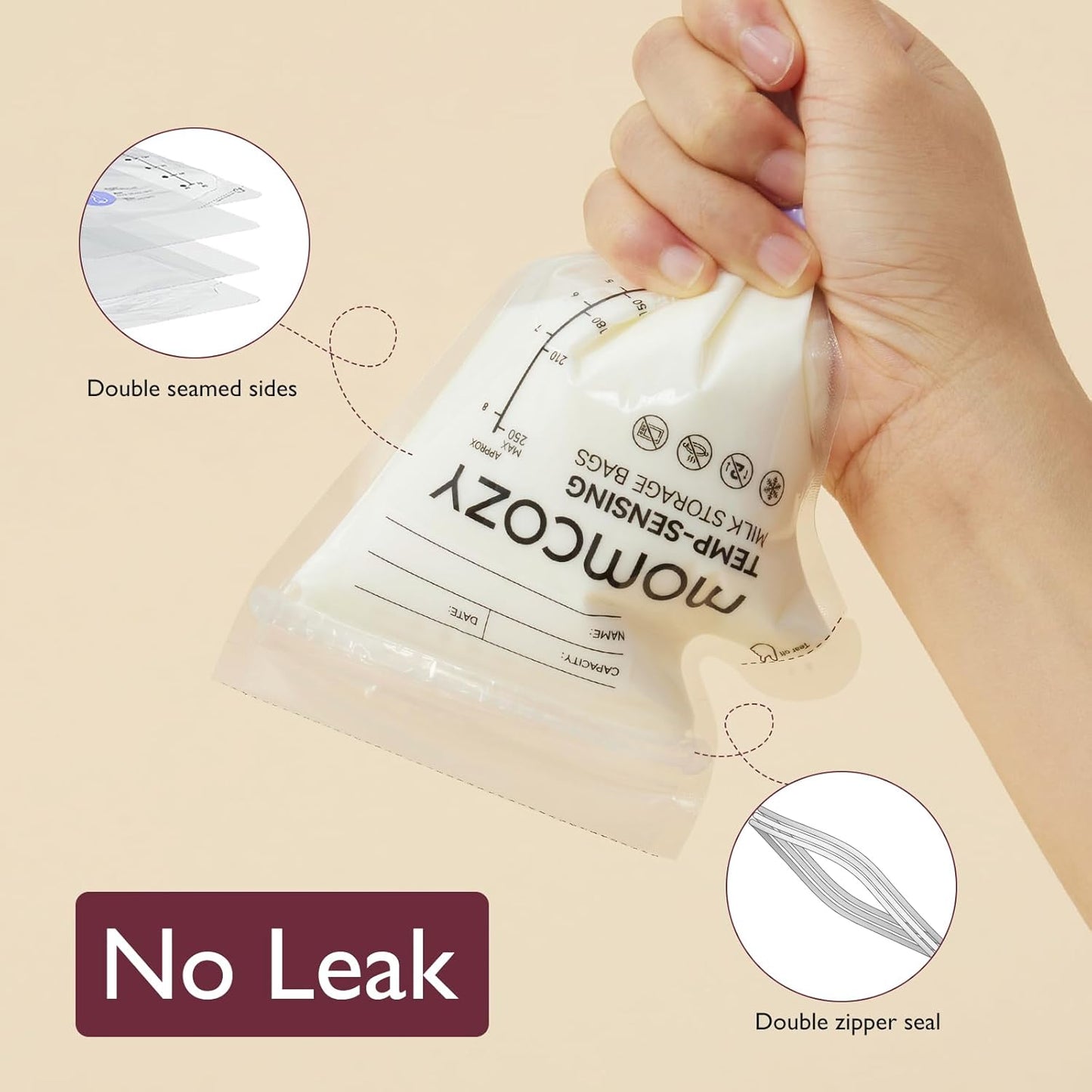 Momcozy Easy Pour Breastmilk Storage Bag, 8Oz, Temp-Sensing Color Change, 200 Count Milk Bag with Self Standing for Breastfeeding, No Leak Presterilized for Freezer, Recyclable & BPA Free