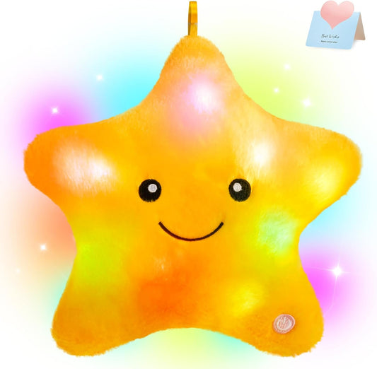 WEWILL 9'' LED Twinkle Star Soft Plush Pillow Toys Glowing Stuffed Star Light up Pillow Plush with Colorful Night Lights Birthday for Toddler Kids(Yellow)