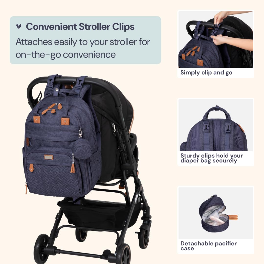 BabbleRoo Extra Large Diaper Bag Backpack, Expandable Baby Bag with Up to 50% More Capacity - Travel Essentials Baby Bag Tote with Changing Pad, Stroller Straps & Pacifier Case - Unisex, Denim Blue
