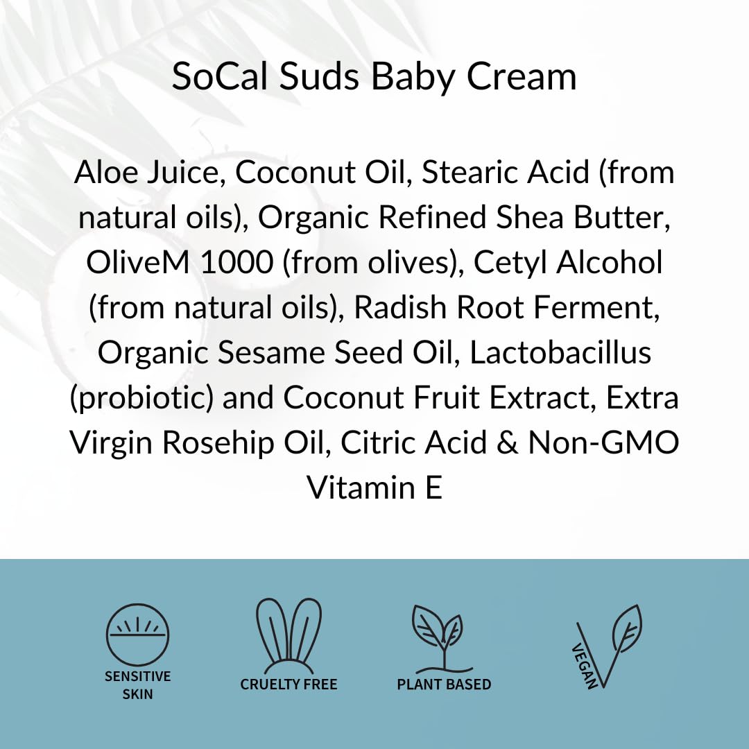 SoCal Suds & Company - Natural & Organic Baby Cream - Gentle Moisturizing Cream for Infant Skin, Nourishing with Aloe, Shea Butter & Coconut Oil, Tender Newborn Skincare - Fragrance Free, 8oz