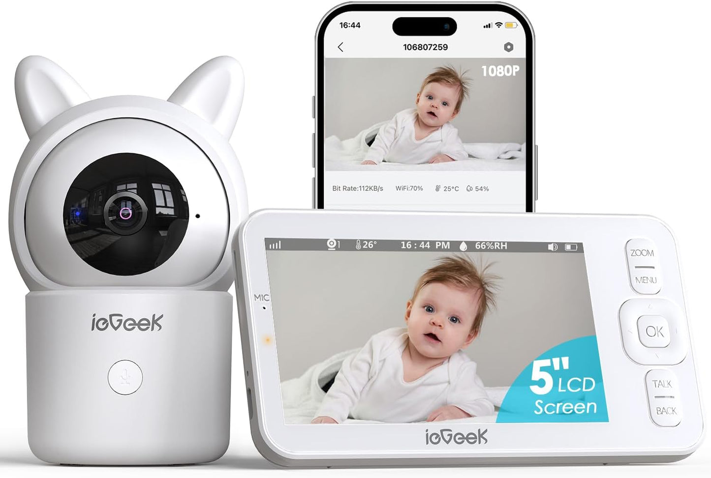 ieGeek Baby Monitor with Camera and Audio,5" Screen,HD Night Vision,2-Way Talk,Motion Detection,Temperature&Humidity Sensor,WiFi Baby Camera Monitor Supports Smartphone App(Upgrade)