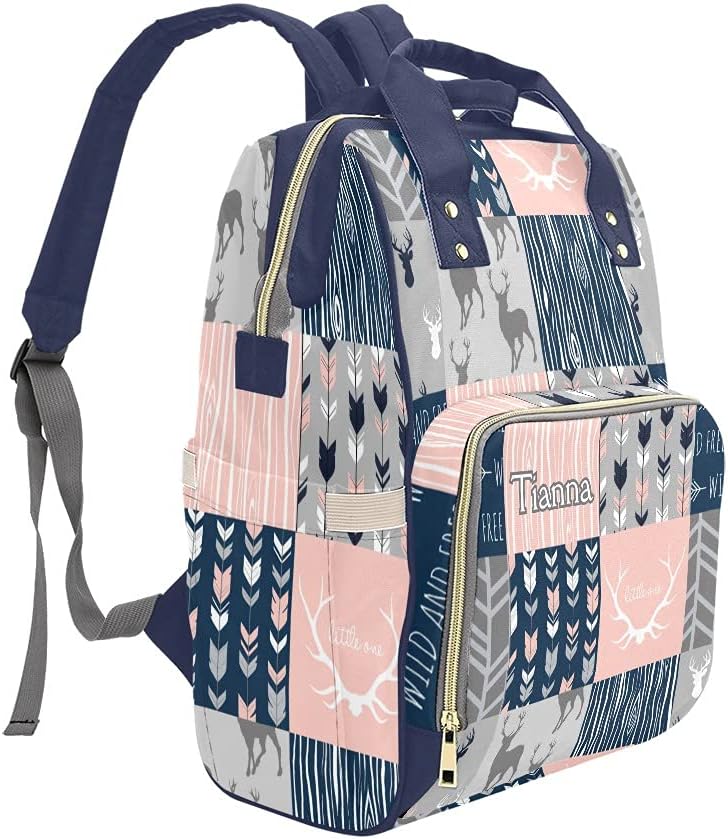 Antlers Elk Deer Feather Arrow Patchwork Blue Diaper Bags with Name Waterproof Mummy Backpack Nappy Nursing Baby Bags Gifts Tote Bag for Women