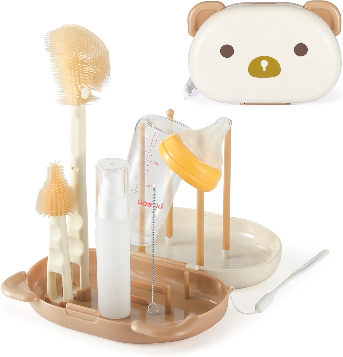 VOOWO Baby Bottle Brush & Drying Rack, Travel Bottle Cleaner Kit, Silicone Nipple & Straw Cleaner (White)