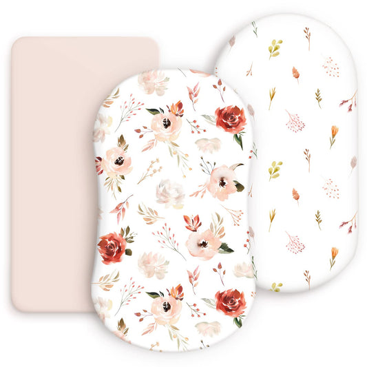 Stretchy Ultra Soft Bassinet Fitted Sheets 3 Pack, Universal Fitted for Bassinets Oval Rectangle Mattress, Pretty Bassinet Sheets for Baby Girls, Watercolor Rose Flora Orange Pink
