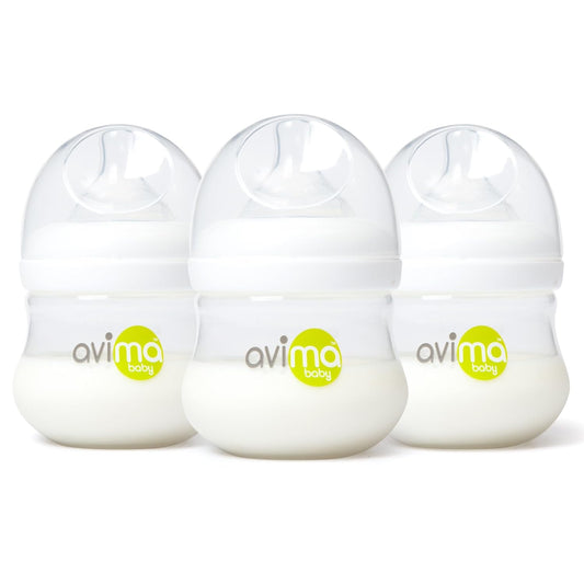 Avima Baby 4 oz Anti Colic Baby Bottles for Breastfed Babies - Slow Flow Nipples, Wide Neck Bottle, BPA Free - Newborn 0-3 Months, Stage 1 (Set of 3)