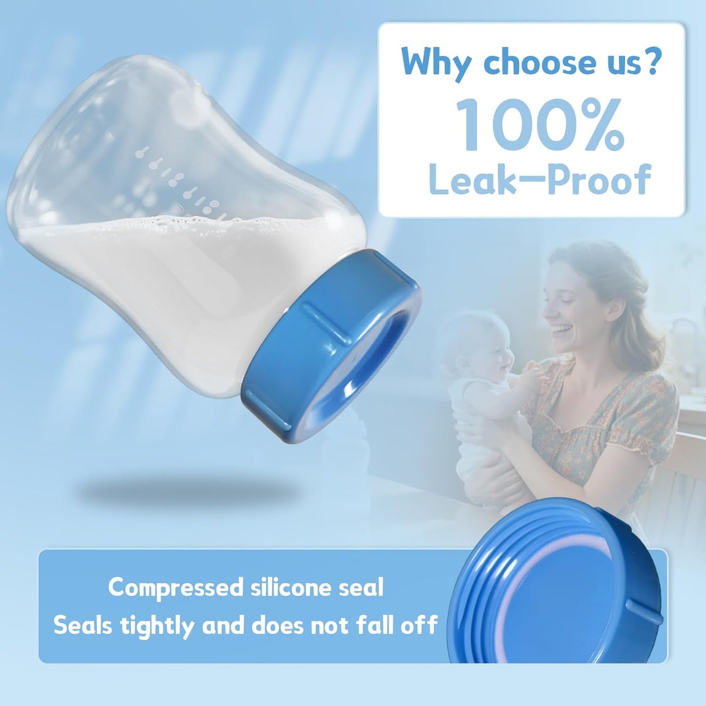 4pcs Wide Bottle Caps Compatible for Wide-Neck Natural Flow Dr Brown Bottles,BPA Free Travel and Storage Baby Bottle Lids Replacement Parts with Sealing Gasket for Baby Bottles Accessory (Blue)