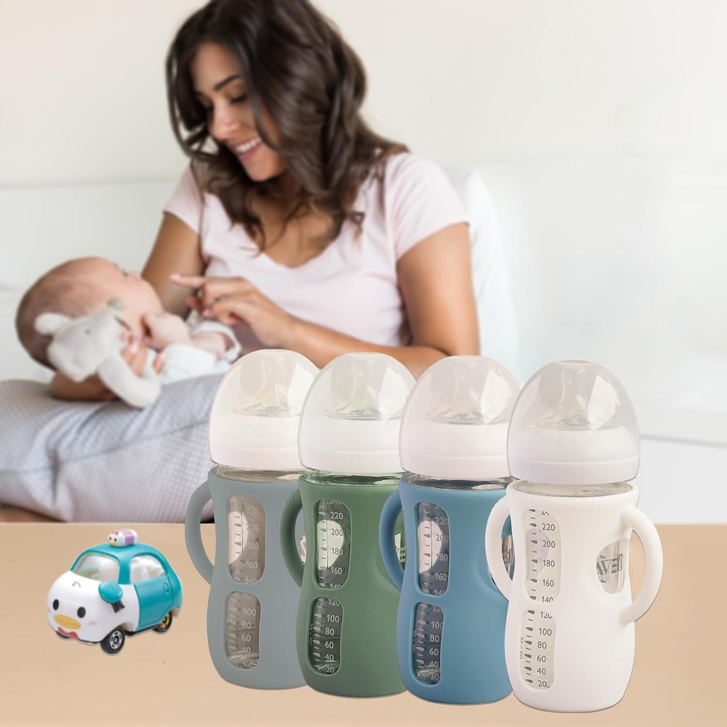 4 Pack Silicone Sleeves for Avent Natural Glass Baby Bottles, Anti Breakage Bottle Holder, Compatible with Philips Avent Glass Natural Baby Bottles (4 White, 8 OZ)