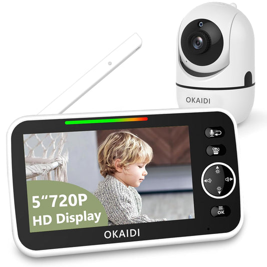 OKAIDI 720P HD Baby Monitor, 5 Inch Baby Monitor with Camera and Audio, 5000mAh Battery, Remote Pan-Tilt, 3X Zoom, 1000ft Baby Monitor NO WiFi, Night Vision, 2-Way Talk, Temperature, Lullabies
