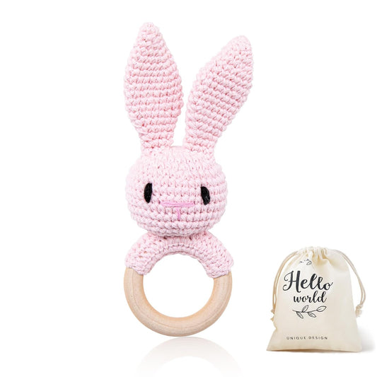 WOODEN TEETHER Crochet Baby Rattle, Crochet Baby Toys, Easter Bunny Rattle, Newborn Animal Rattle Toys，Knitted Stuffed Animals Gifts for Baby, Pink Bunny