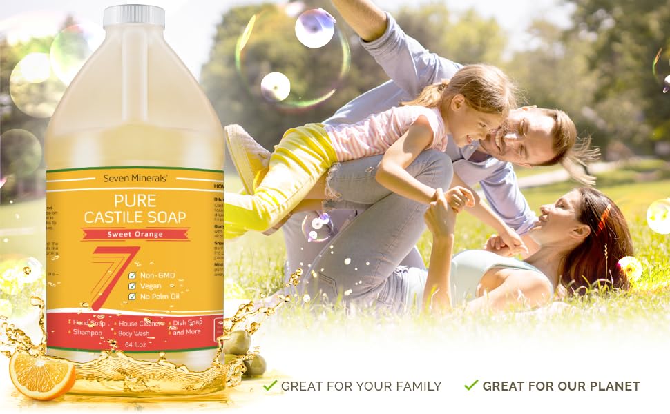 Seven Minerals Pure Castile Soap, Sweet Orange 64oz - No Palm Oil, GMO-Free - Gentle Liquid Soap For Sensitive Skin & Baby Wash - All Natural Vegan Formula with Organic Carrier Oils