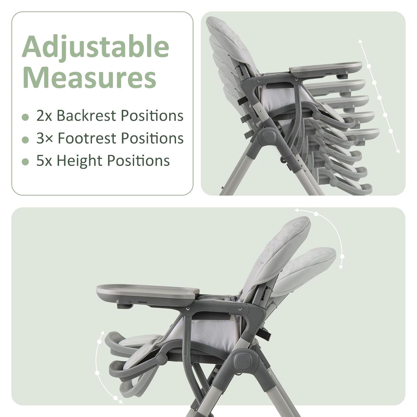 INFANS Baby High Chair, Convertible Quick Folding Portable Highchair for Babies and Toddlers with Adjustable Height Backrest Footrest 2 Wheels Removable Tray, Easy to Clean PU Seat (Grey)