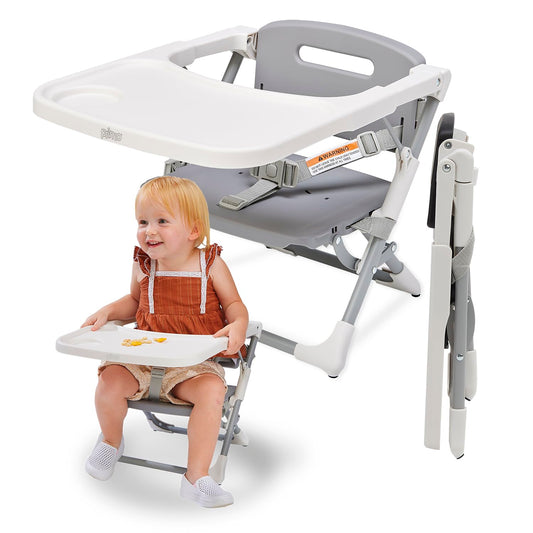 PrimoBaby SproutSeat Booster Seat for Kitchen Chair - Portable Folding Design, Travel Baby Beach Essentials, with 3-Point Safety Harness, Adjustable Tray, Dishwasher Safe Tray, Baby Floor Seat