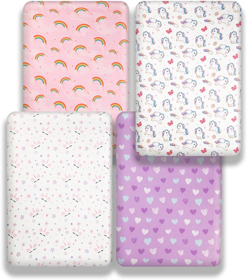 4 Pack Soft Baby Girl Crib Sheets for Standard Crib Mattress Unicron Rainbow Heart Cute Neutral Polyester Unisex Fitted Crib Sheets Set for Baby Girls