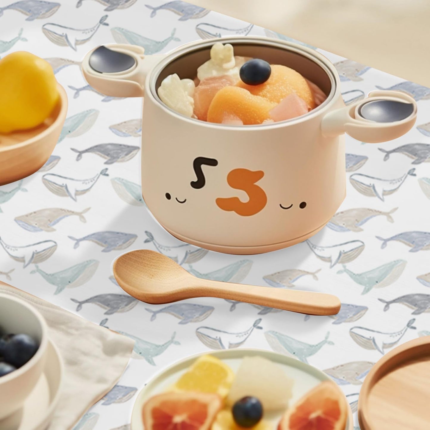 Baby Splat Mat for Under High Chair, 51 x 51 Inch Wipeable Splash Mat，Floor Protector，Wipe-Clean Tablecloth and Playing Mat (Whale)