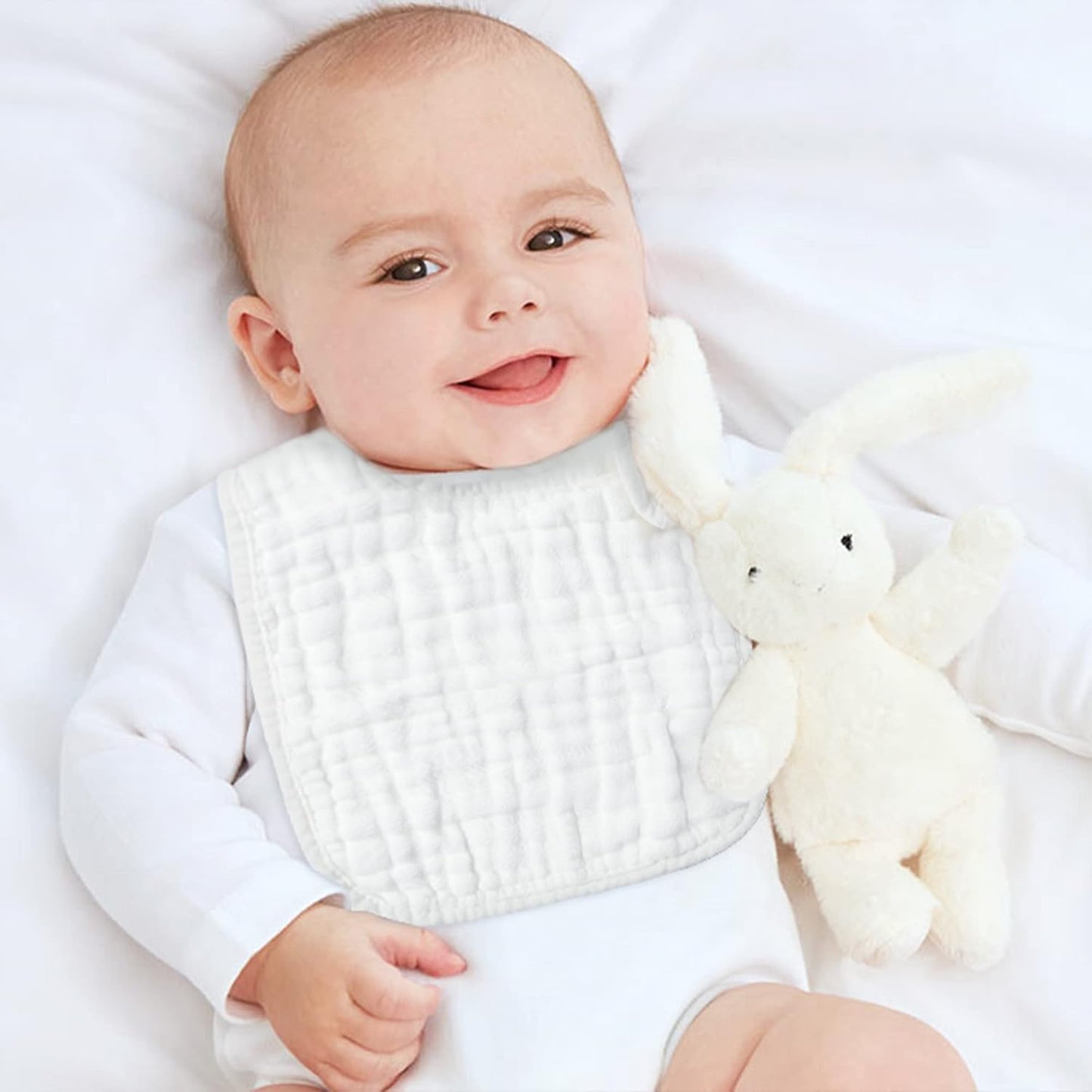 Zainpe 6Pcs Snap Muslin Cotton Baby Bibs White Adjustable Drool Bib with 6 Absorbent Soft Layers, Machine Washable Unisex Burp Cloths for 3 to 36 Months Boys Girls Infant Newborn Toddler