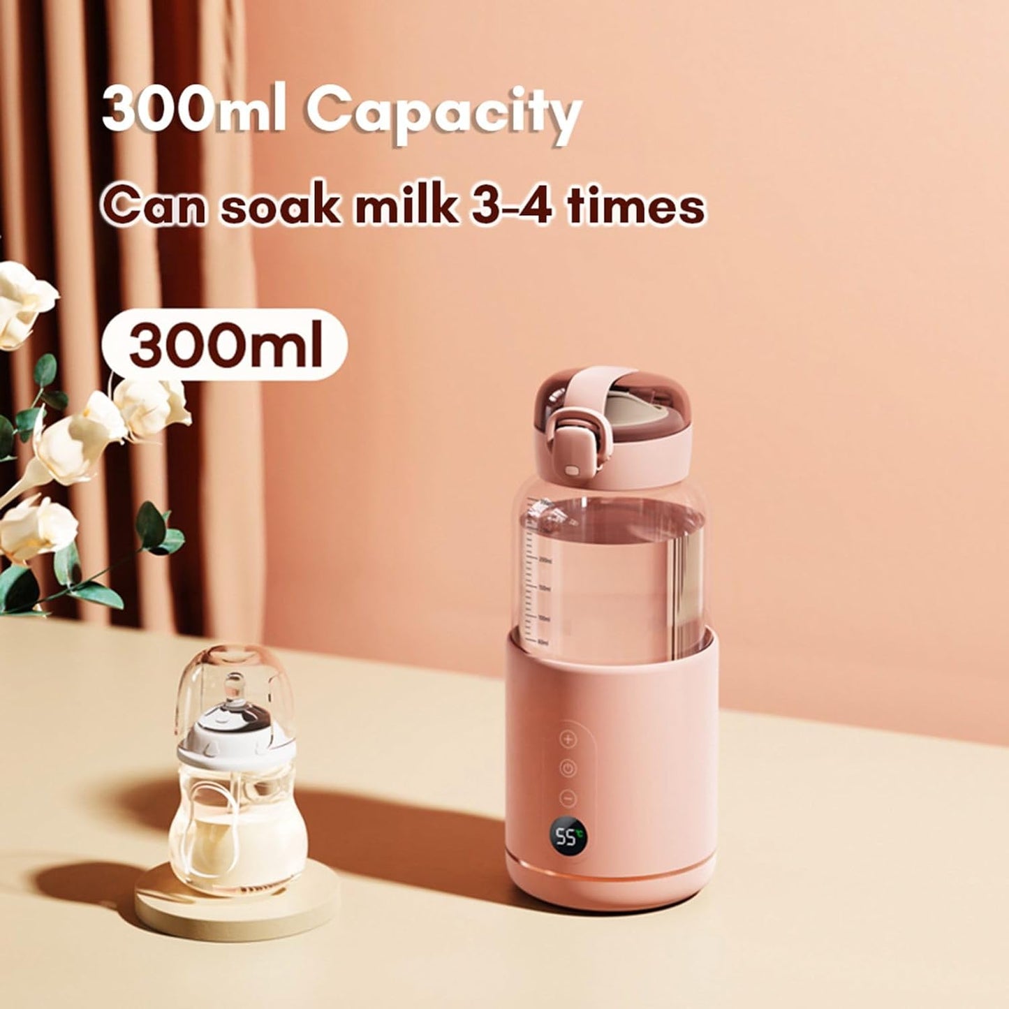 Portable Bottle Warmer, 300 ml Rechargeable Bottle Warmer,Travel Bottle Warmer,LED Display Baby Flask for Vehicle car Airplane (Pink)
