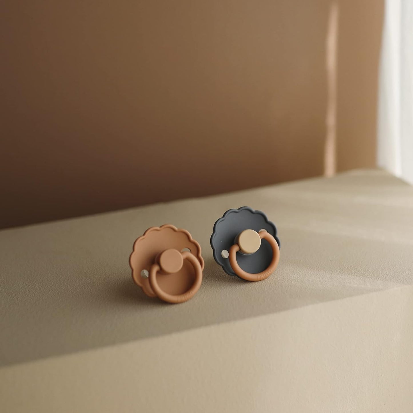 FRIGG Daisy Natural Rubber Baby Pacifier | Made in Denmark | BPA-Free (Graphite/Peach Bronze, 0-6 Months) 2-Pack