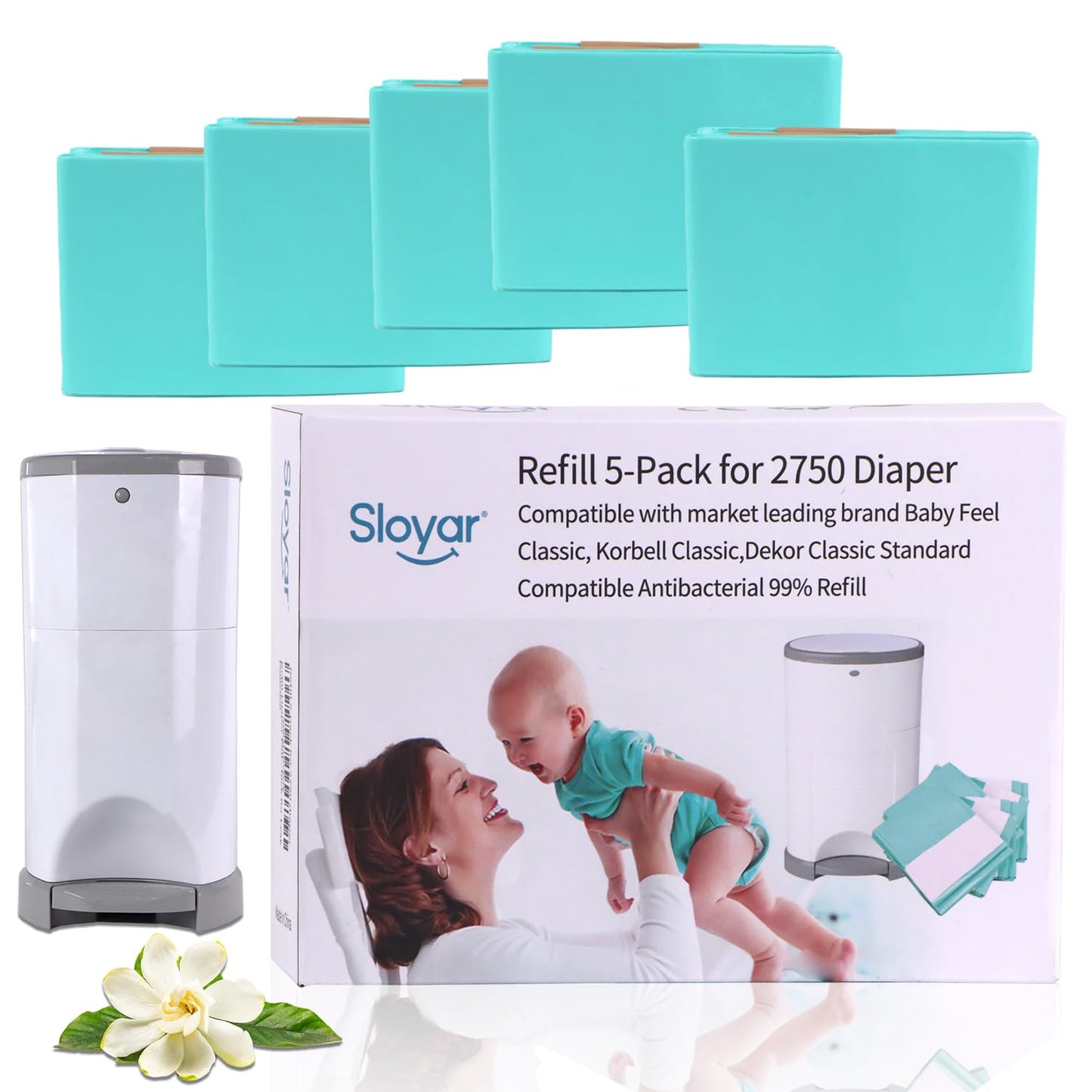 Refill Diaper Pail Bags Compatible with Dekor Classic Diaper Pails | 5 Pack | Diaper Pail Refills with 30% Extra Thickness | Baby Powder Fragrance | Holds up to 2750 Diapers.