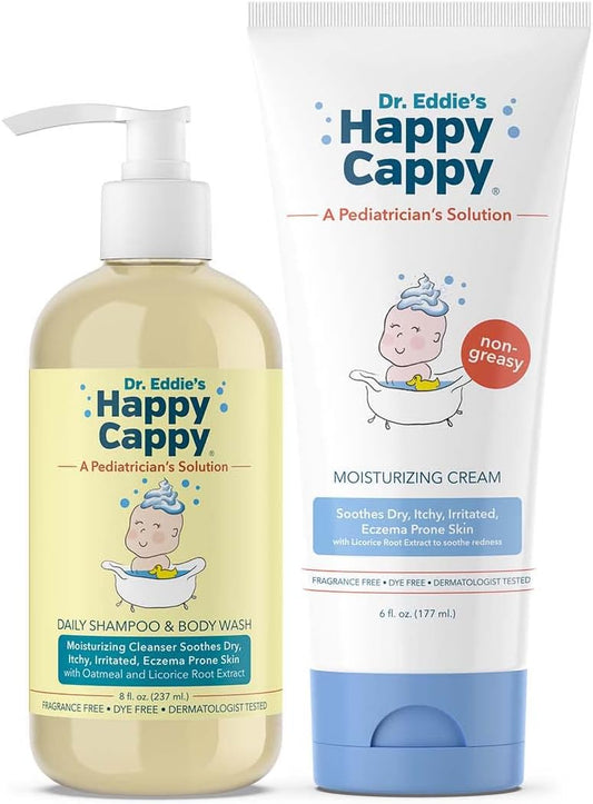 Happy Cappy Baby Shampoo and Body Wash and Moisturizing Cream Bundle - Eczema Body Wash and Lotion for Kids, Toddler, Adults, Helps with Dryness, Reduces Itching, Dermatologist Tested, Fragrance-Free