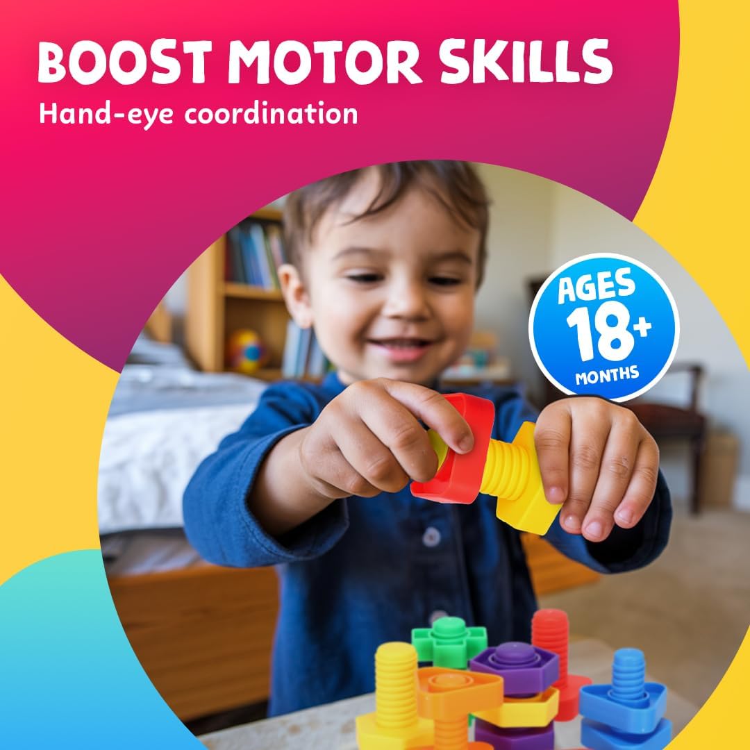 Skoolzy 24-Piece Nuts and Bolts - Montessori Motor Skill Set for 18 Month+ Kids with eBook