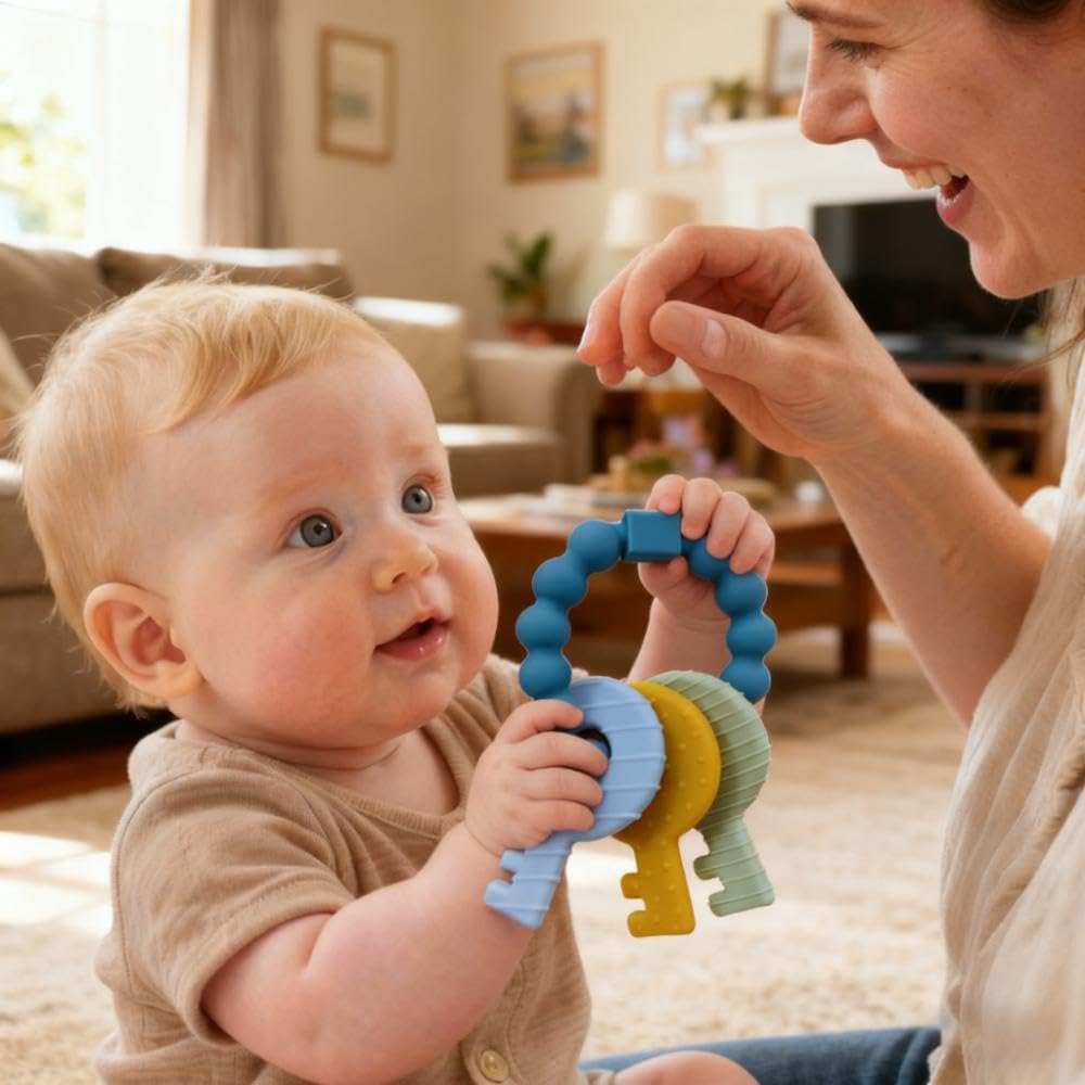 Baby Keys Teether Toys,Silicone Teething Toys for 3+ Months,Teething Keys Toy for Infants-Soft & Raised Texture to Soothe Gums,BPA Free (Deep Blue)