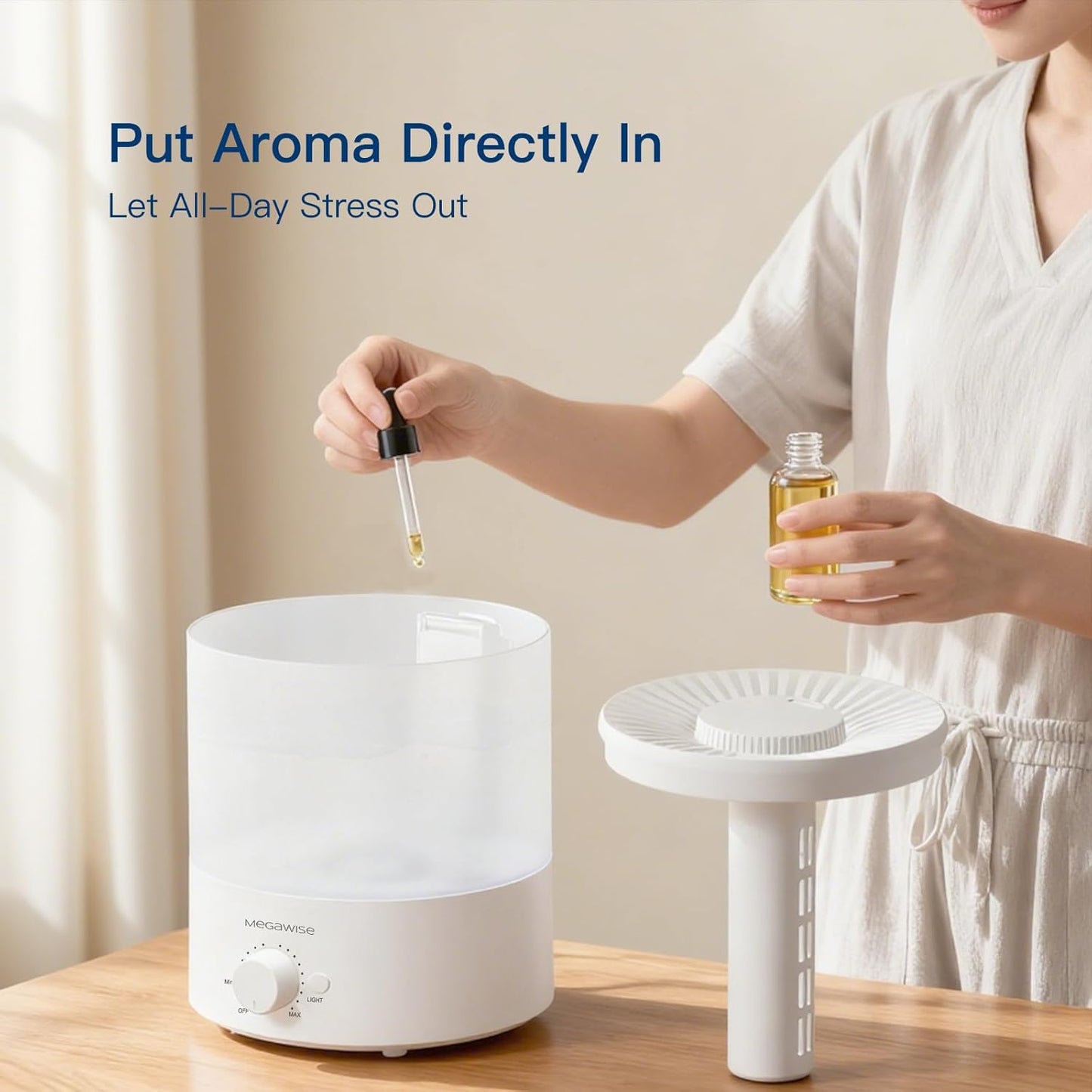 MEGAWISE 1.5L Cool Mist Humidifier for Bedroom, Home, Office, and Plants, Essential Oil Diffuser with Adjustable Mist Output, 25dB Quiet Ultrasonic, Up to 10 Hours, Easy to Clean