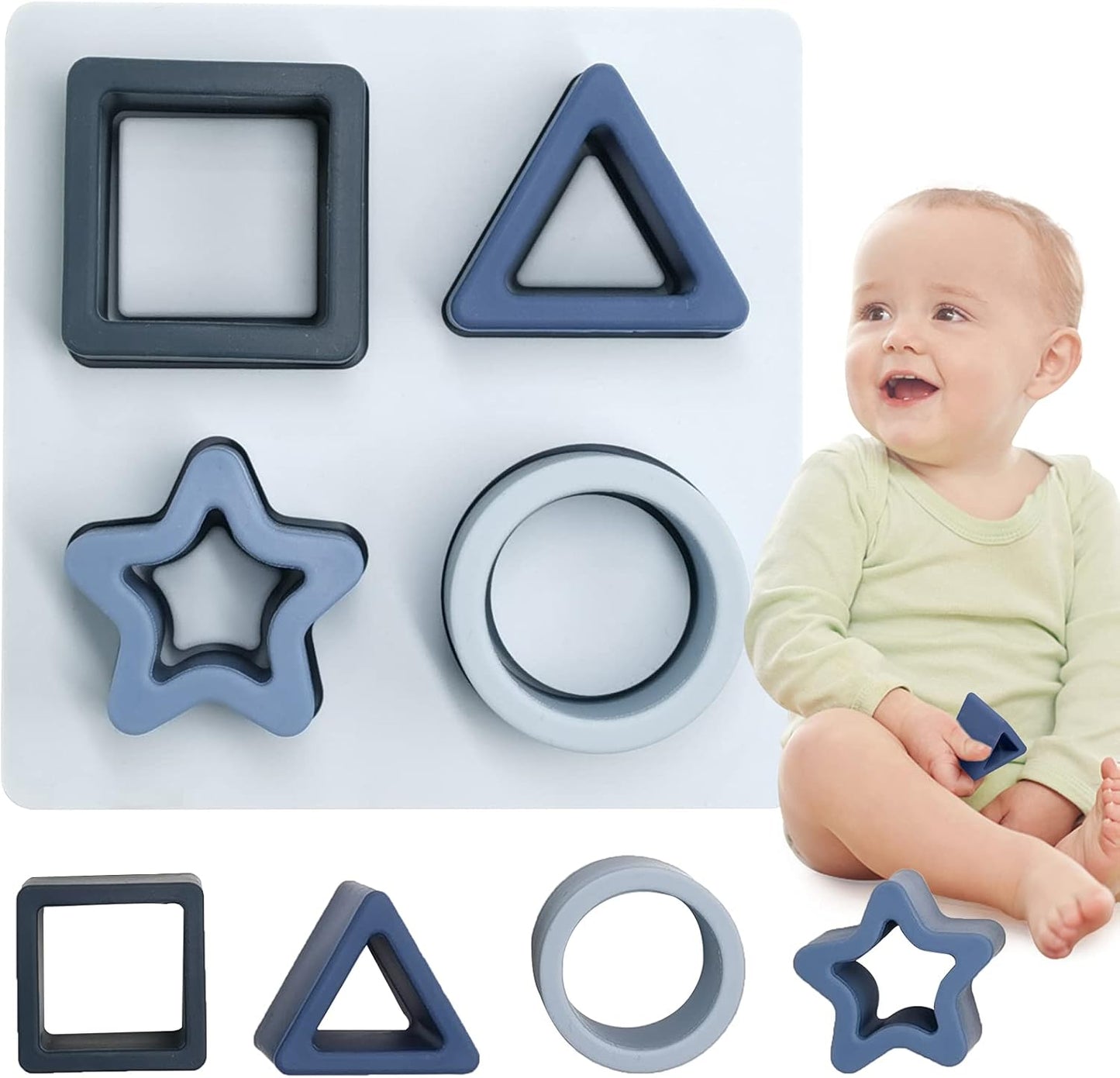 Baby Stacking Building Blocks Silicone Teething&Squeezing Shape Sorter Puzzle Montessori Sensory Toys for Babies Toddlers 6 to 12 Months(Blue)