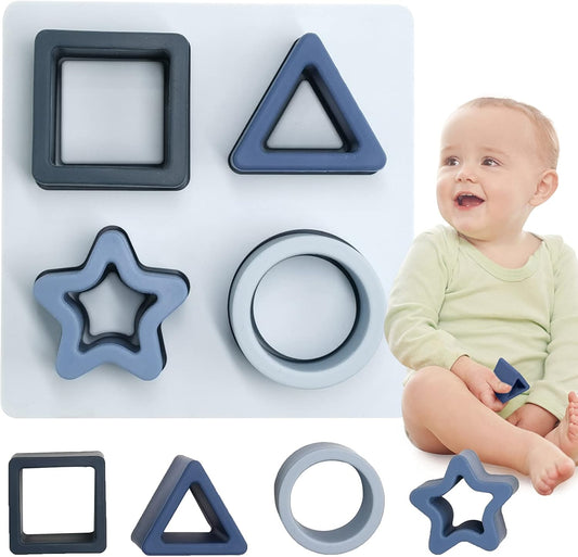 Baby Stacking Building Blocks Silicone Teething&Squeezing Shape Sorter Puzzle Montessori Sensory Toys for Babies Toddlers 6 to 12 Months(Blue)