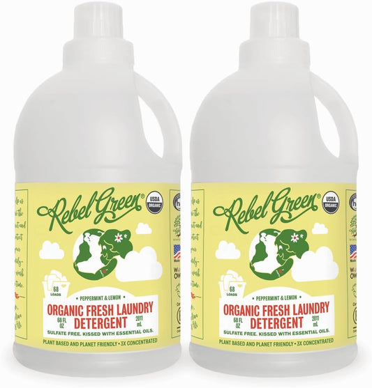 Rebel Green Organic Laundry Detergent - Natural Laundry Soap - Liquid Laundry Detergent with Dispenser Cup - Gentle Laundry Detergent - Fresh Peppermint & Lemon Scent - (68 Load Bottles, 2 Pack)