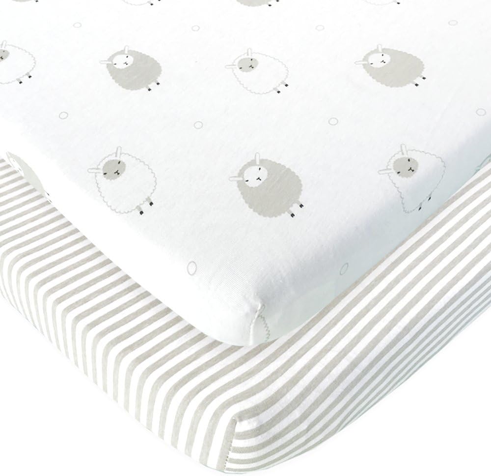 Joey + Joan Bassinet Fitted Sheets 19" x 32" for Cowiewie Bedside Sleeper Bassinet Mattress Pad – Snuggly Soft 100% Jersey Cotton – Grey Stripes, Sheep – 2 Pack