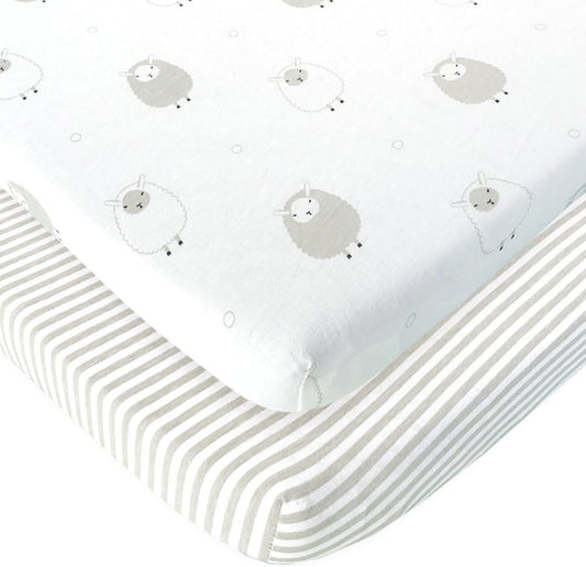 Joey + Joan Bassinet Fitted Sheets 19" x 32" for Cowiewie Bedside Sleeper Bassinet Mattress Pad – Snuggly Soft 100% Jersey Cotton – Grey Stripes, Sheep – 2 Pack