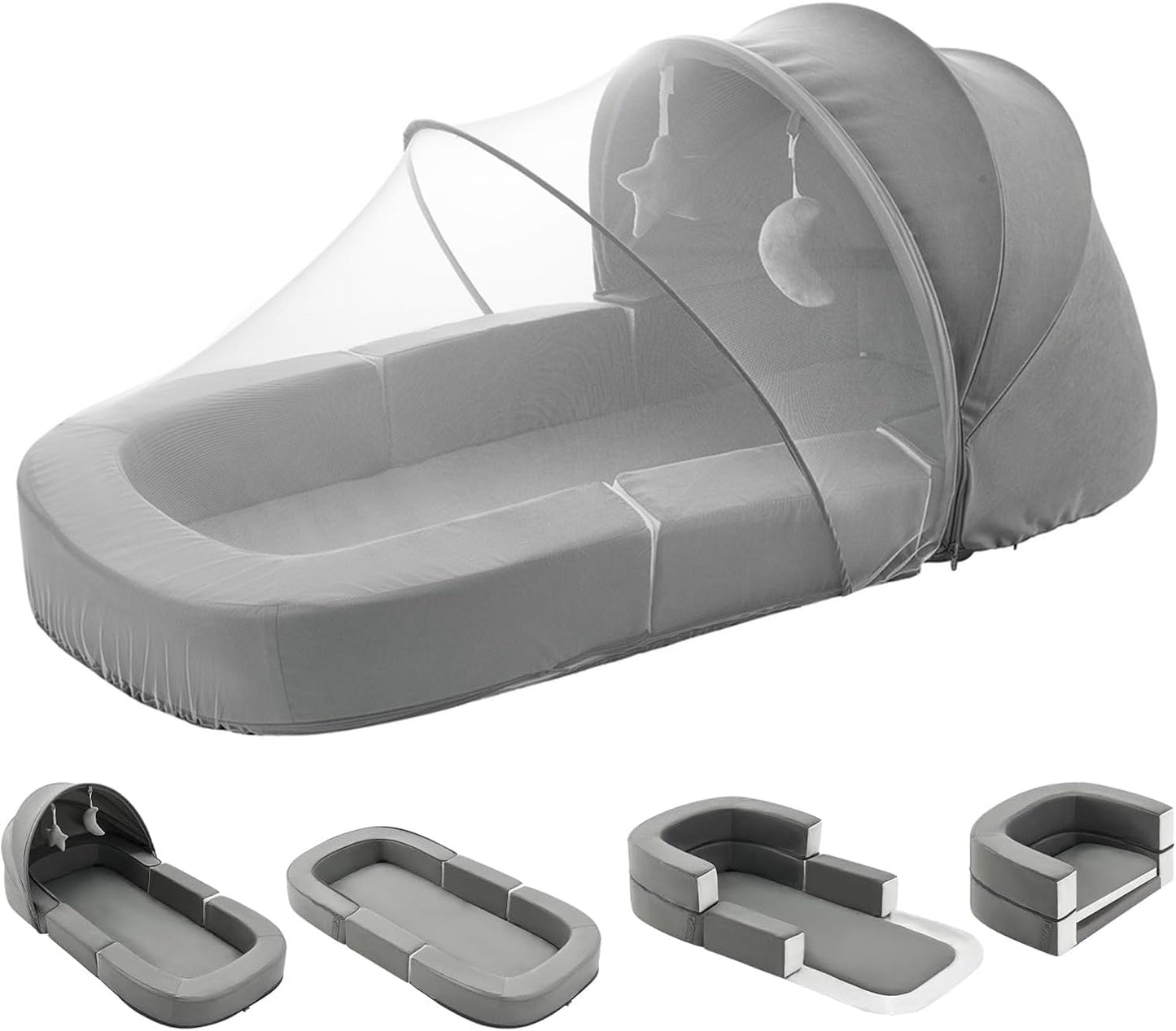 Todldler Baby Travel Bassinet Bed & Chair, Fold Out Sofa Couch Lounger with 2-1 Mosquito & Canopy, Foldable Portable Travel Cot with Foam Raised Safety Bumpers for Infant Toddlers 0-36 Months (Grey)