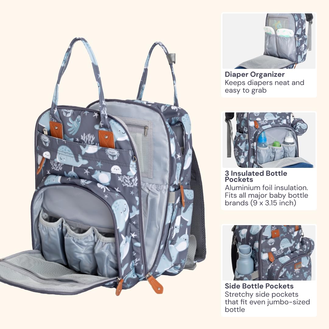 BabbleRoo Diaper Bag Backpack - Baby Essentials Travel Tote - Multi Function Water Resistant Diaper Bag, Travel Essentials Baby Bag with Changing Pad, Stroller Straps & Pacifier Case - Sea Animals