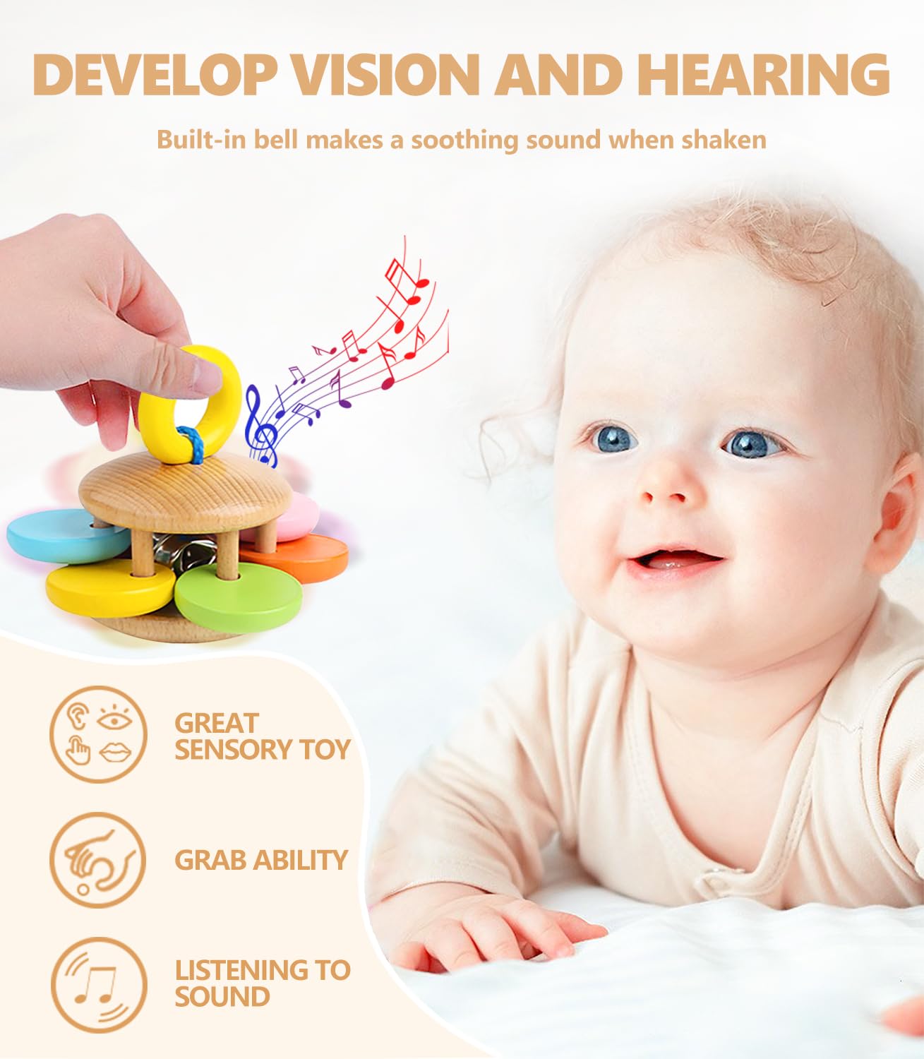 6 PCS Wooden Baby Rattle, Organic Colorful Baby Hand Rattles Set, Wood Rattles for Babies 0-6-12 Months, Wooden Teether Crochet Rattle Toy for Newborn Infant, Montessori Toys for Babies 0-6 Months