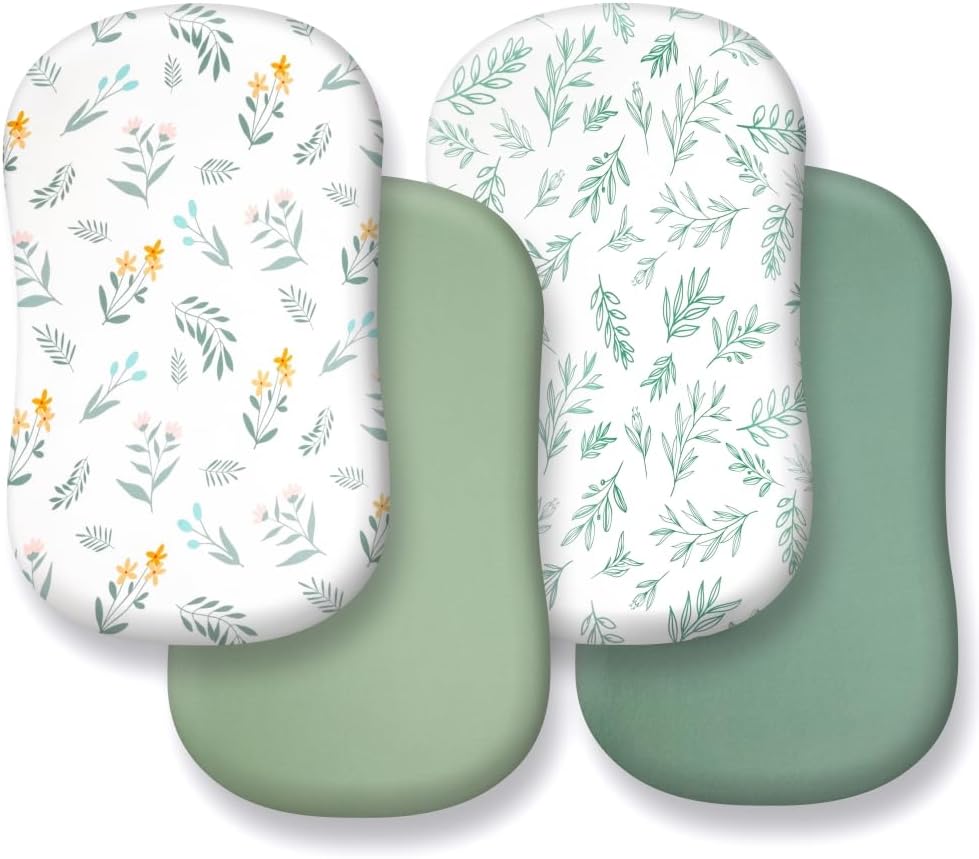 4 Pack Sage Green Fitted Nursery Sheets Breathable Neutral Unisex Baby Sheets for Boys or Girls with Leaf and Flower Design (Bassinet)
